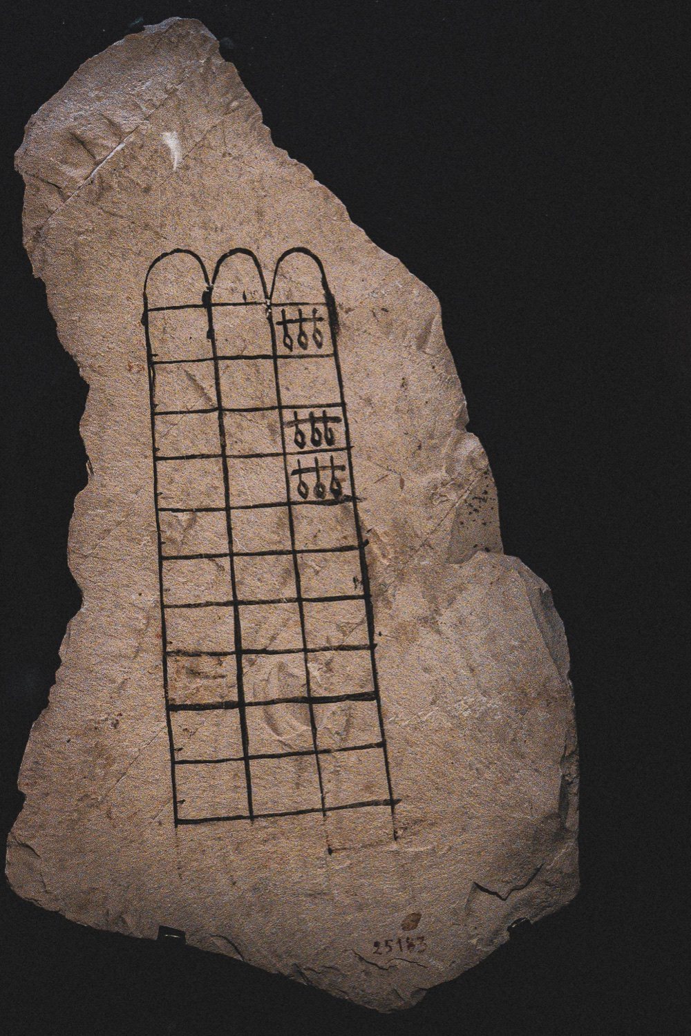 The limestone ostracon: the full Senet grid drawn in ink on the pale shard, catalogue number 25183, lit against a black ground.